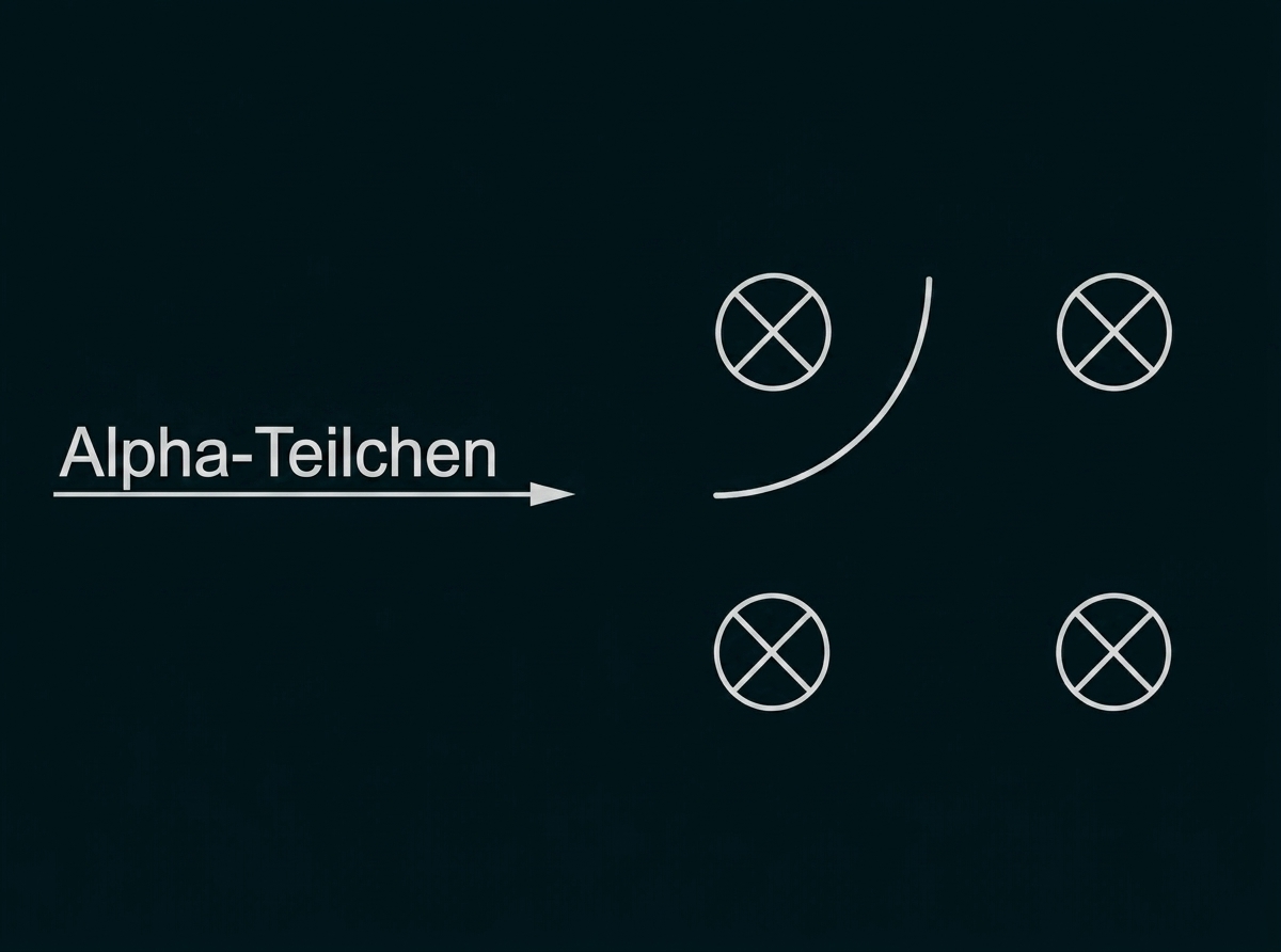 Schema: Alpha-Teilchen-Pfeil links, gebogene Flugbahn und vier markierte Streuzentren rechts.